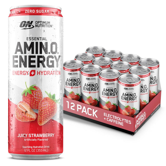 12 Pack Optimum Nutrition Amino Energy Sparkling Hydration Drink, Sugar Free, Juicy Strawberry, 12 Fl Oz - Electrolytes, Caffeine, Amino Acids, BCAAs