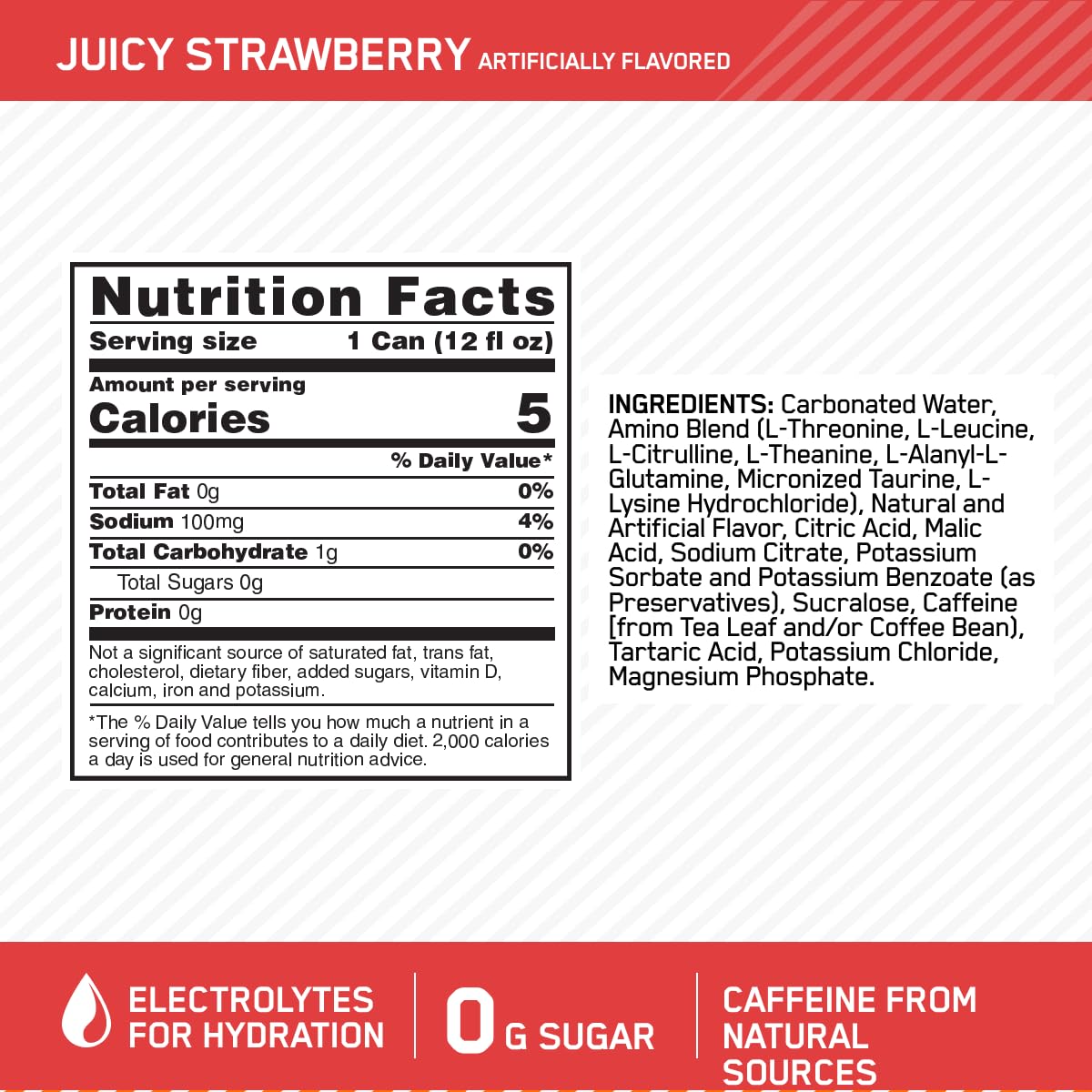 12 Pack Optimum Nutrition Amino Energy Sparkling Hydration Drink, Sugar Free, Juicy Strawberry, 12 Fl Oz - Electrolytes, Caffeine, Amino Acids, BCAAs
