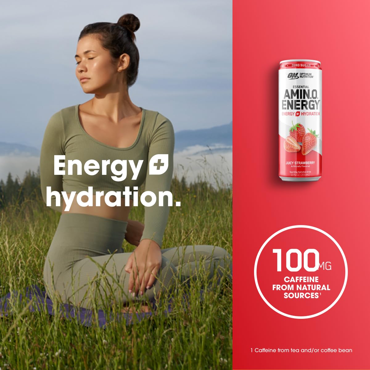 12 Pack Optimum Nutrition Amino Energy Sparkling Hydration Drink, Sugar Free, Juicy Strawberry, 12 Fl Oz - Electrolytes, Caffeine, Amino Acids, BCAAs