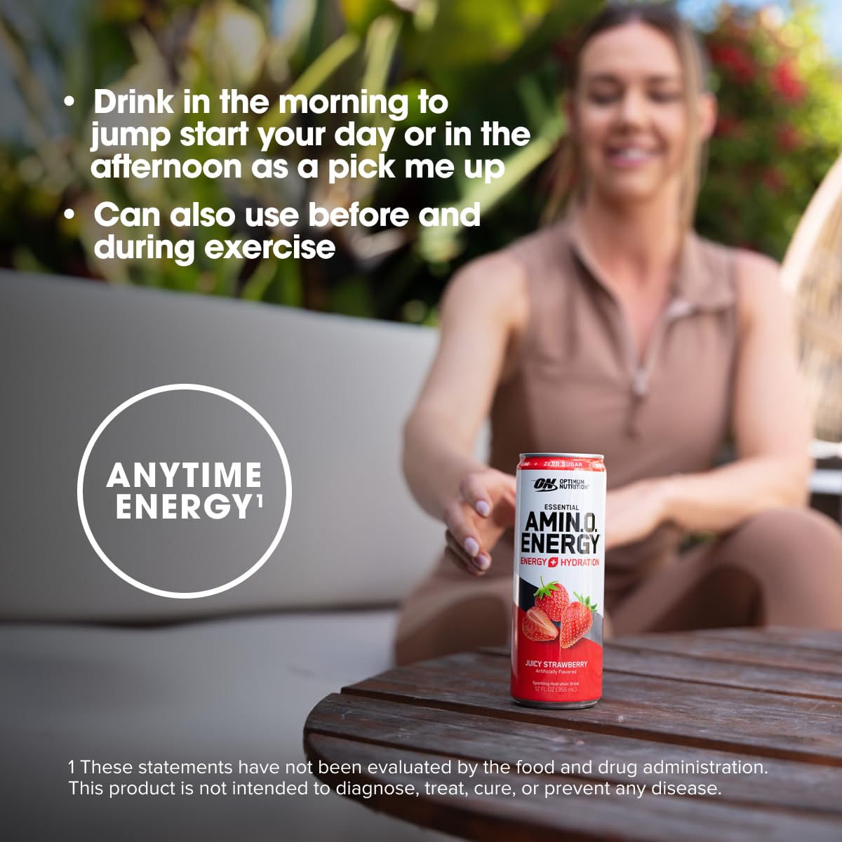 12 Pack Optimum Nutrition Amino Energy Sparkling Hydration Drink, Sugar Free, Juicy Strawberry, 12 Fl Oz - Electrolytes, Caffeine, Amino Acids, BCAAs