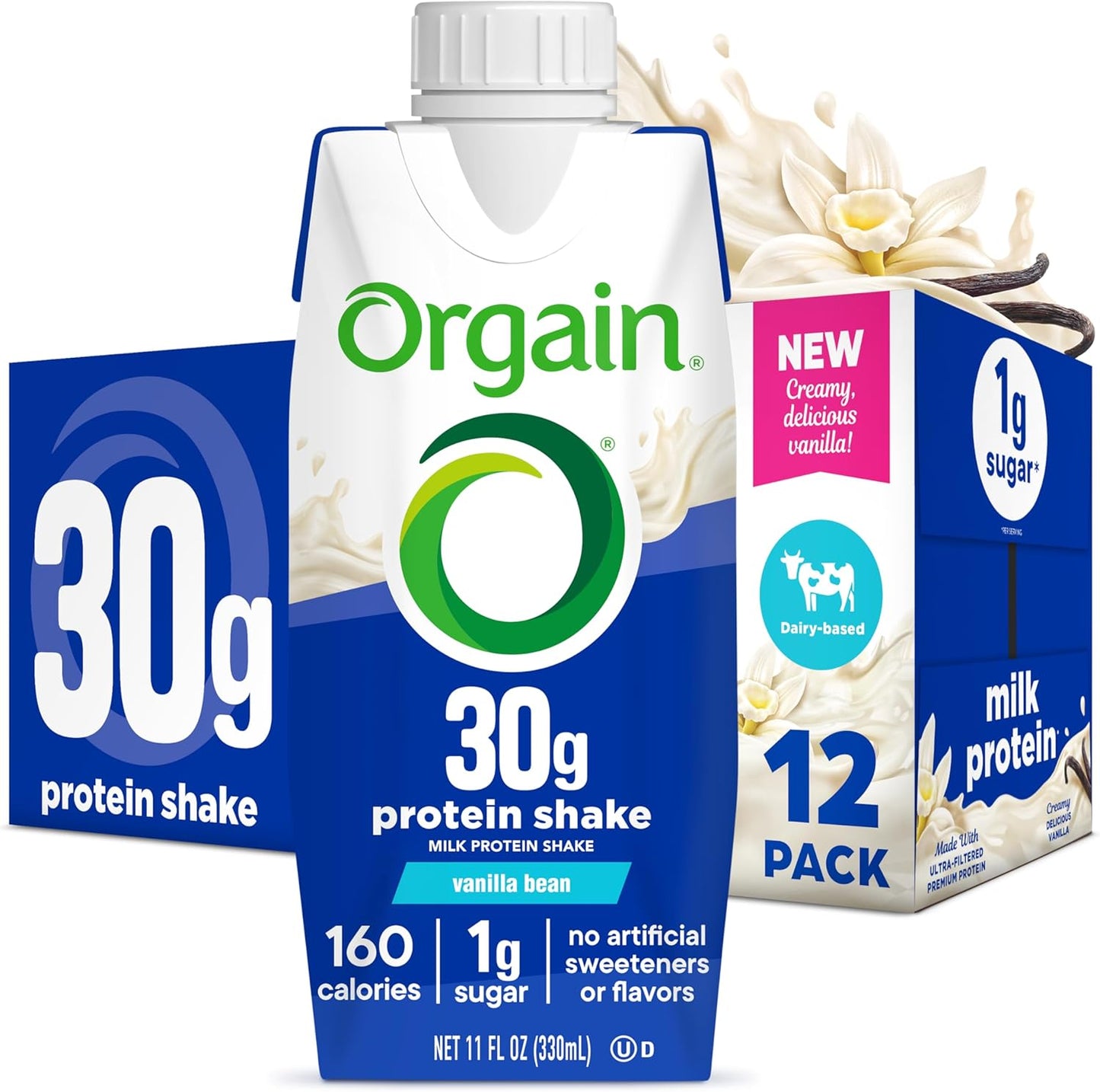 12 Pack Orgain Vanilla Bean High Protein Shake, 30g Protein, Dairy Isolate Milk, 6g BCAAs, 1g Sugar, Meal Replacement, Ready to Drink, Keto & Gluten-Free, 11 Fl Oz