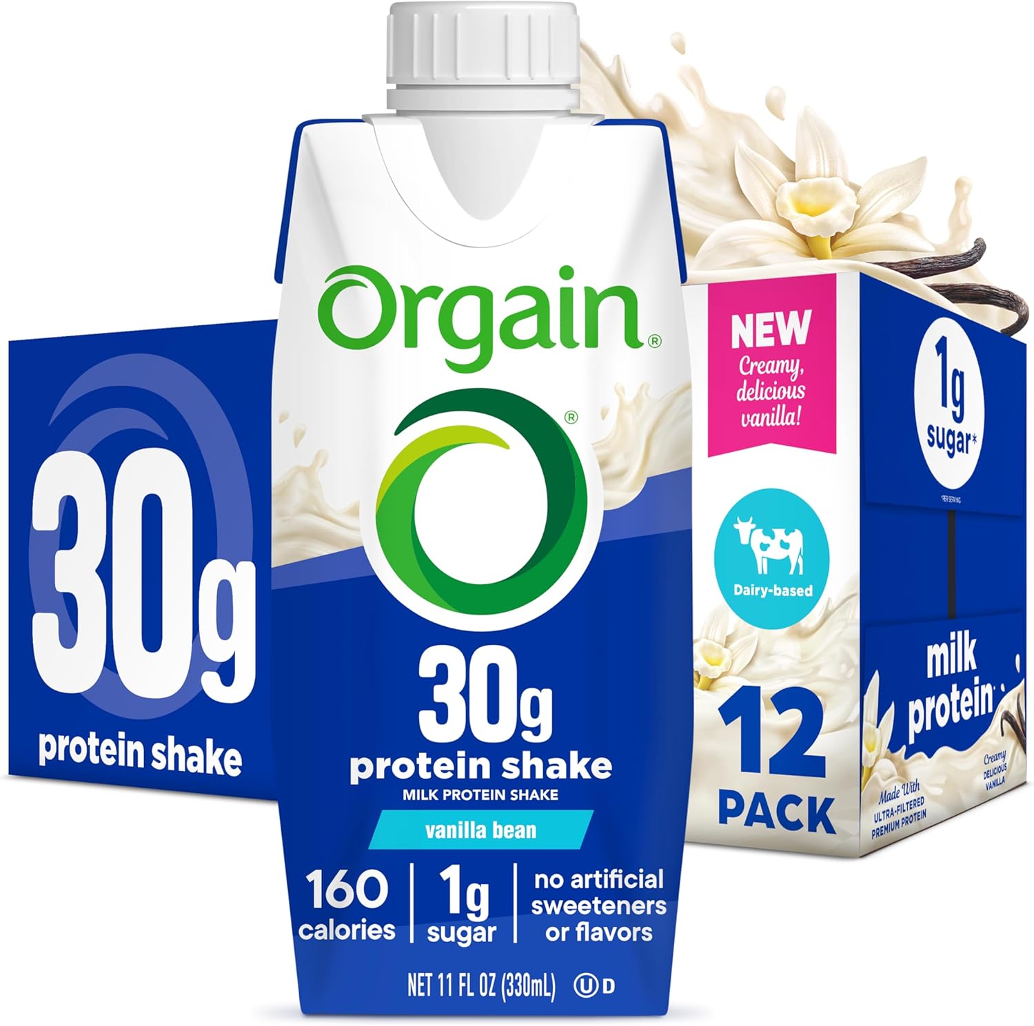 12 Pack Orgain Vanilla Bean High Protein Shake, 30g Protein, Dairy Isolate Milk, 6g BCAAs, 1g Sugar, Meal Replacement, Ready to Drink, Keto & Gluten-Free, 11 Fl Oz