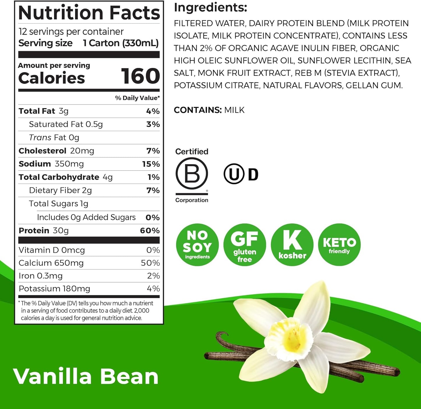 12 Pack Orgain Vanilla Bean High Protein Shake, 30g Protein, Dairy Isolate Milk, 6g BCAAs, 1g Sugar, Meal Replacement, Ready to Drink, Keto & Gluten-Free, 11 Fl Oz