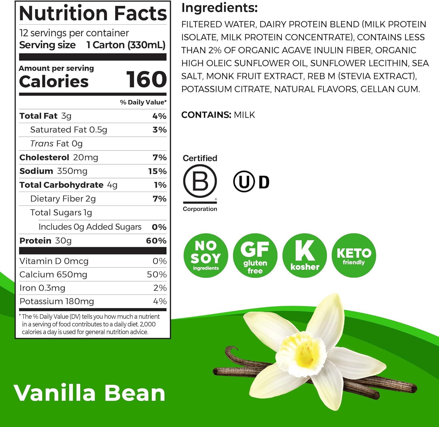 12 Pack Orgain Vanilla Bean High Protein Shake, 30g Protein, Dairy Isolate Milk, 6g BCAAs, 1g Sugar, Meal Replacement, Ready to Drink, Keto & Gluten-Free, 11 Fl Oz