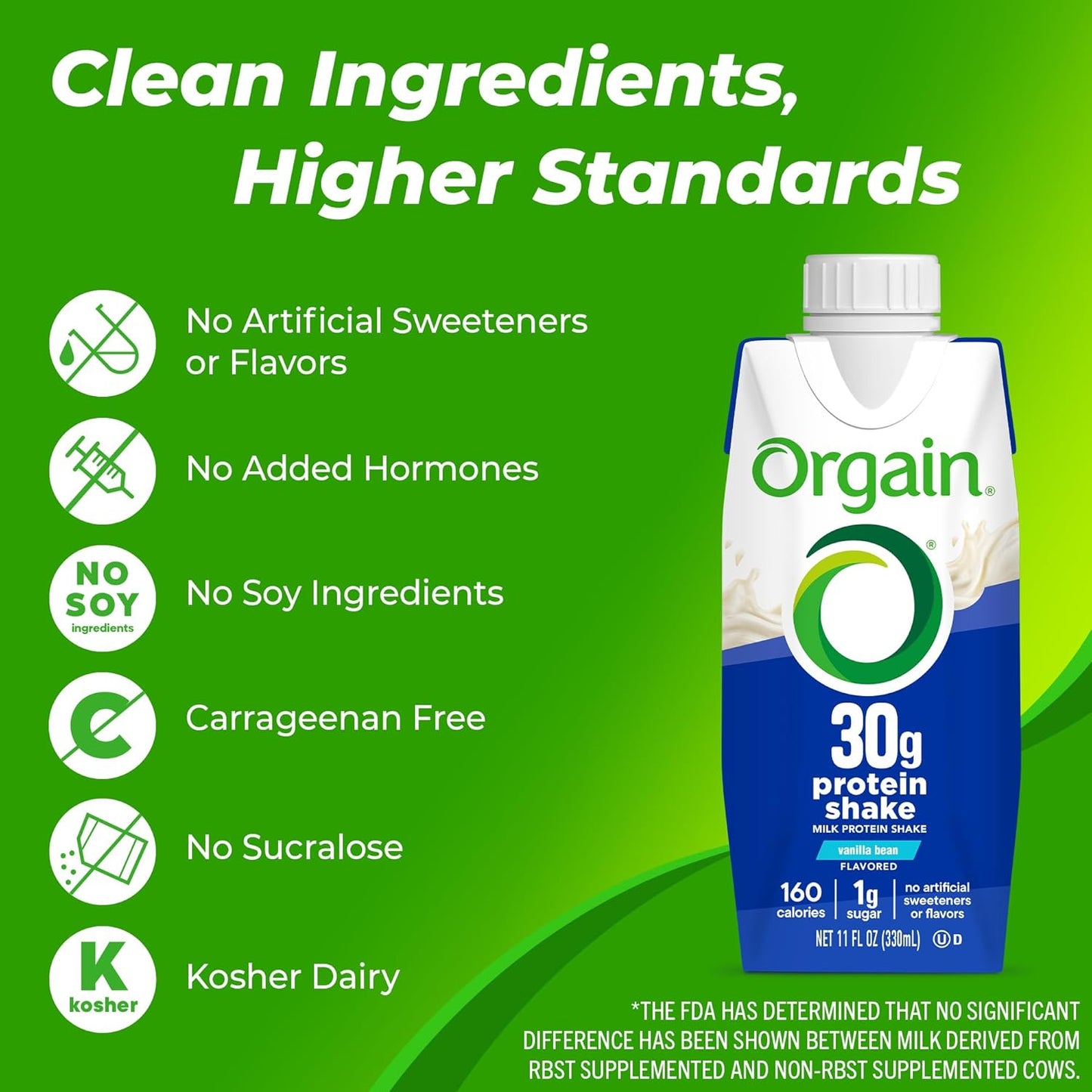 12 Pack Orgain Vanilla Bean High Protein Shake, 30g Protein, Dairy Isolate Milk, 6g BCAAs, 1g Sugar, Meal Replacement, Ready to Drink, Keto & Gluten-Free, 11 Fl Oz