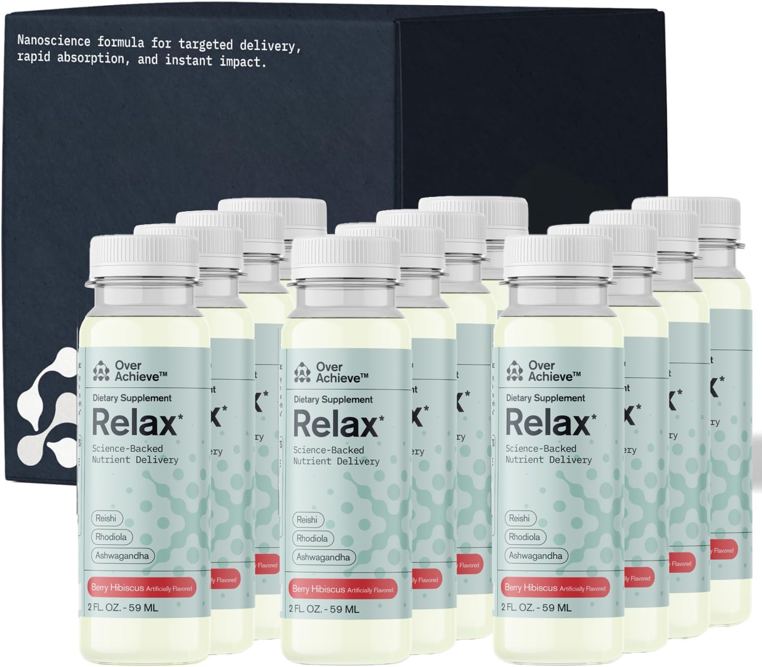 12 Pack Overachieve Relaxation Drink with Ashwagandha, Rhodiola Rosea, and Reishi Mushroom for Stress Relief - Berry Hibiscus Flavor