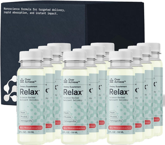 12 Pack Overachieve Relaxation Drink with Ashwagandha, Rhodiola Rosea, and Reishi Mushroom for Stress Relief - Berry Hibiscus Flavor