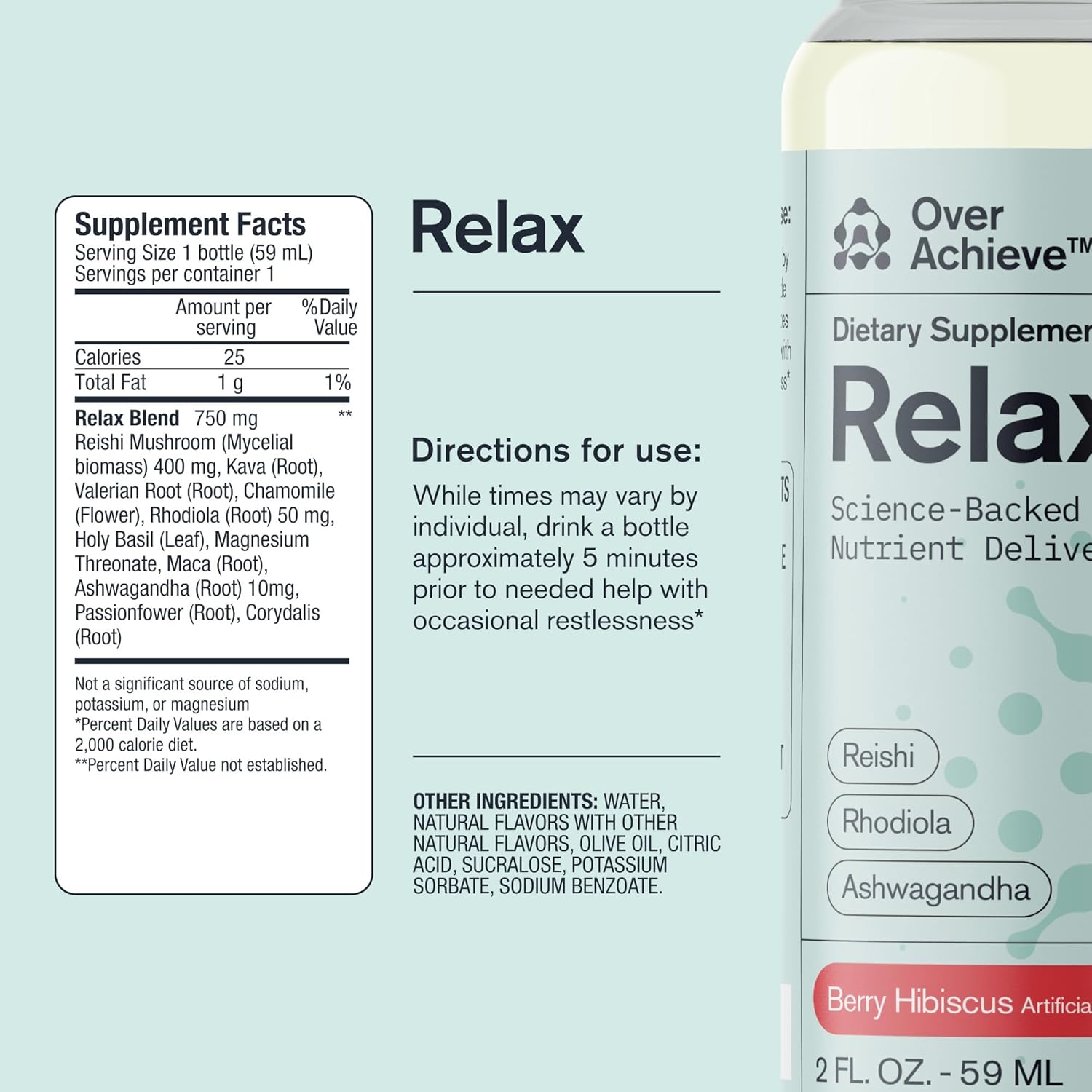 12 Pack Overachieve Relaxation Drink with Ashwagandha, Rhodiola Rosea, and Reishi Mushroom for Stress Relief - Berry Hibiscus Flavor