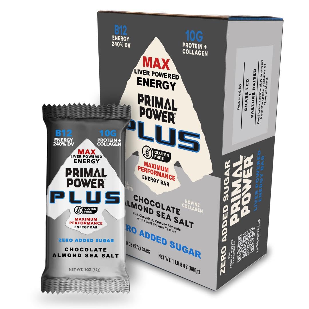 12 Pack Primal Power Plus Liver Nutrition Bars - B12 Energy Boost, 10g Protein, Vitamins, Minerals, Collagen, No Added Sugar, Gluten Free - Chocolate Almond Sea Salt Flavor