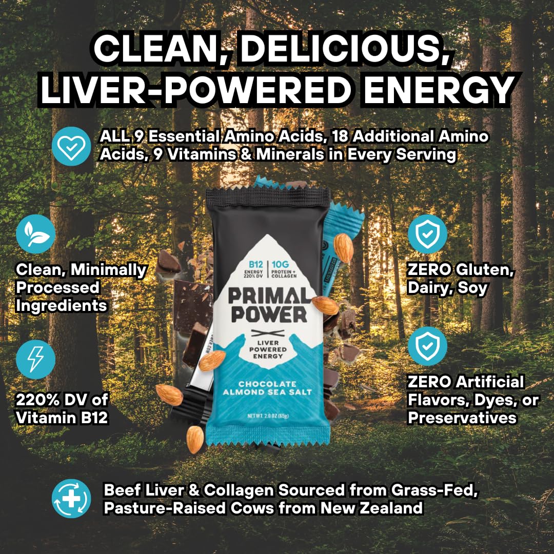 12 Pack Primal Power Plus Liver Nutrition Bars - B12 Energy Boost, 10g Protein, Vitamins, Minerals, Collagen, No Added Sugar, Gluten Free - Chocolate Almond Sea Salt Flavor