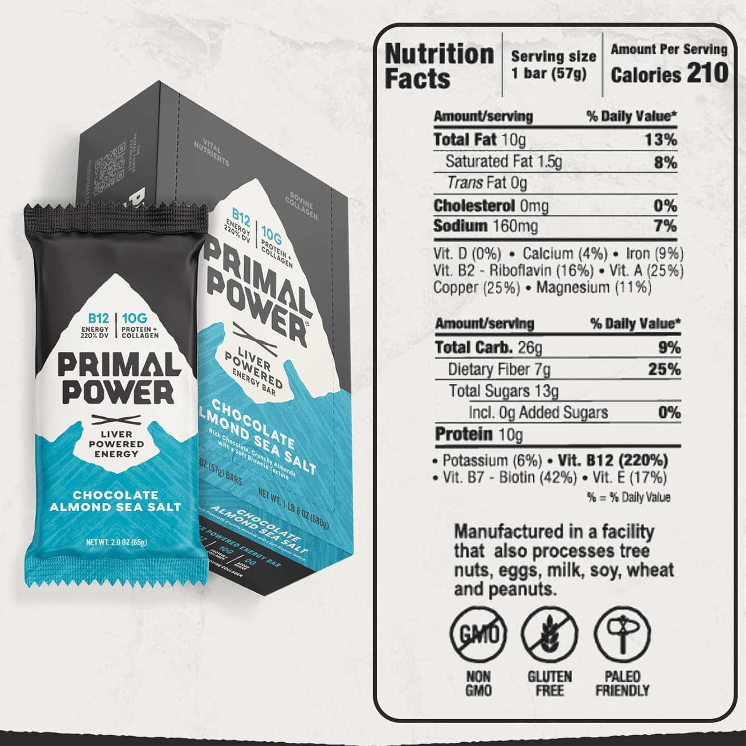 12 Pack Primal Power Plus Liver Nutrition Bars - B12 Energy Boost, 10g Protein, Vitamins, Minerals, Collagen, No Added Sugar, Gluten Free - Chocolate Almond Sea Salt Flavor