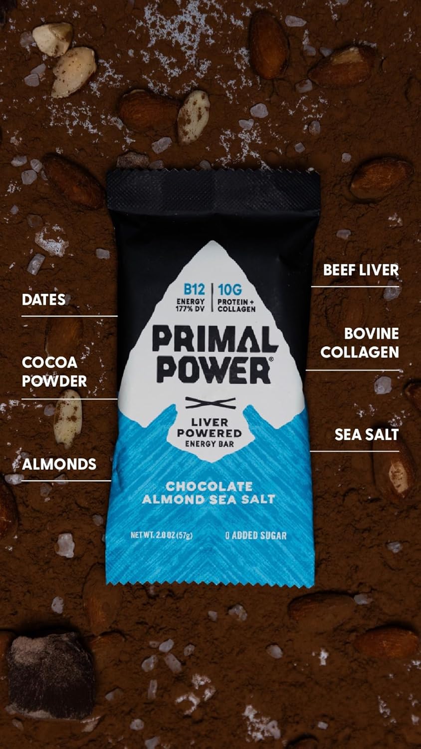 12 Pack Primal Power Plus Liver Nutrition Bars - B12 Energy Boost, 10g Protein, Vitamins, Minerals, Collagen, No Added Sugar, Gluten Free - Chocolate Almond Sea Salt Flavor