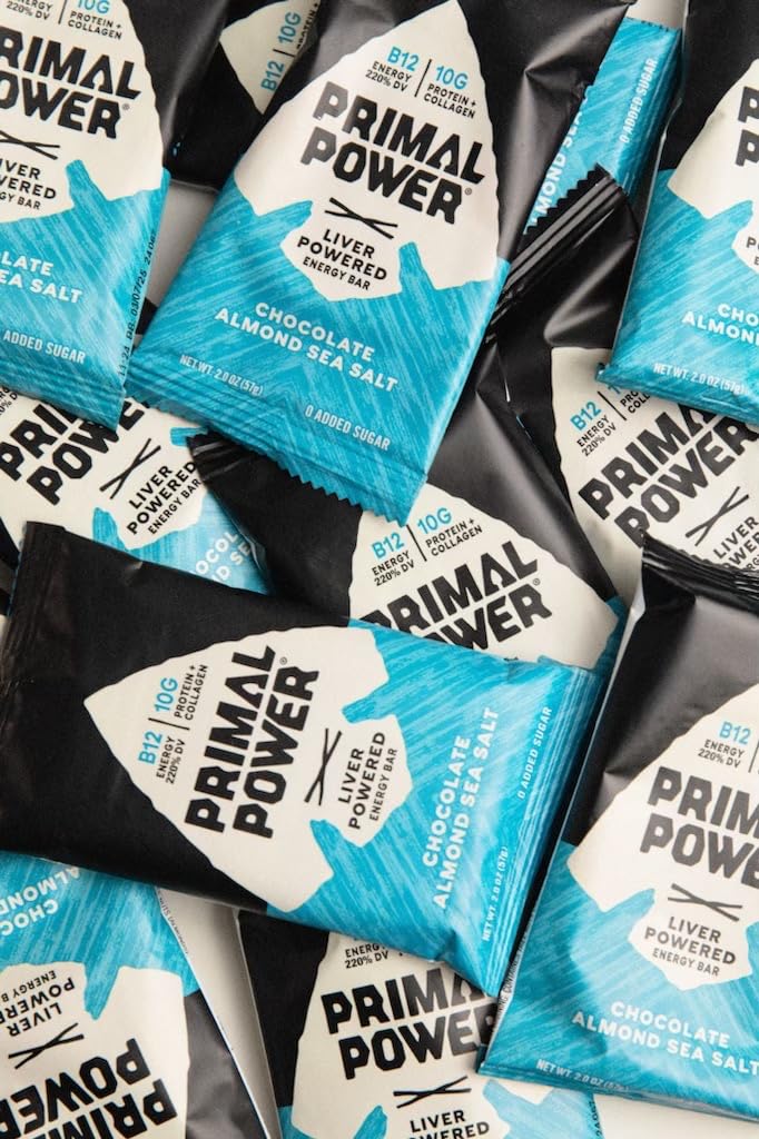 12 Pack Primal Power Plus Liver Nutrition Bars - B12 Energy Boost, 10g Protein, Vitamins, Minerals, Collagen, No Added Sugar, Gluten Free - Chocolate Almond Sea Salt Flavor