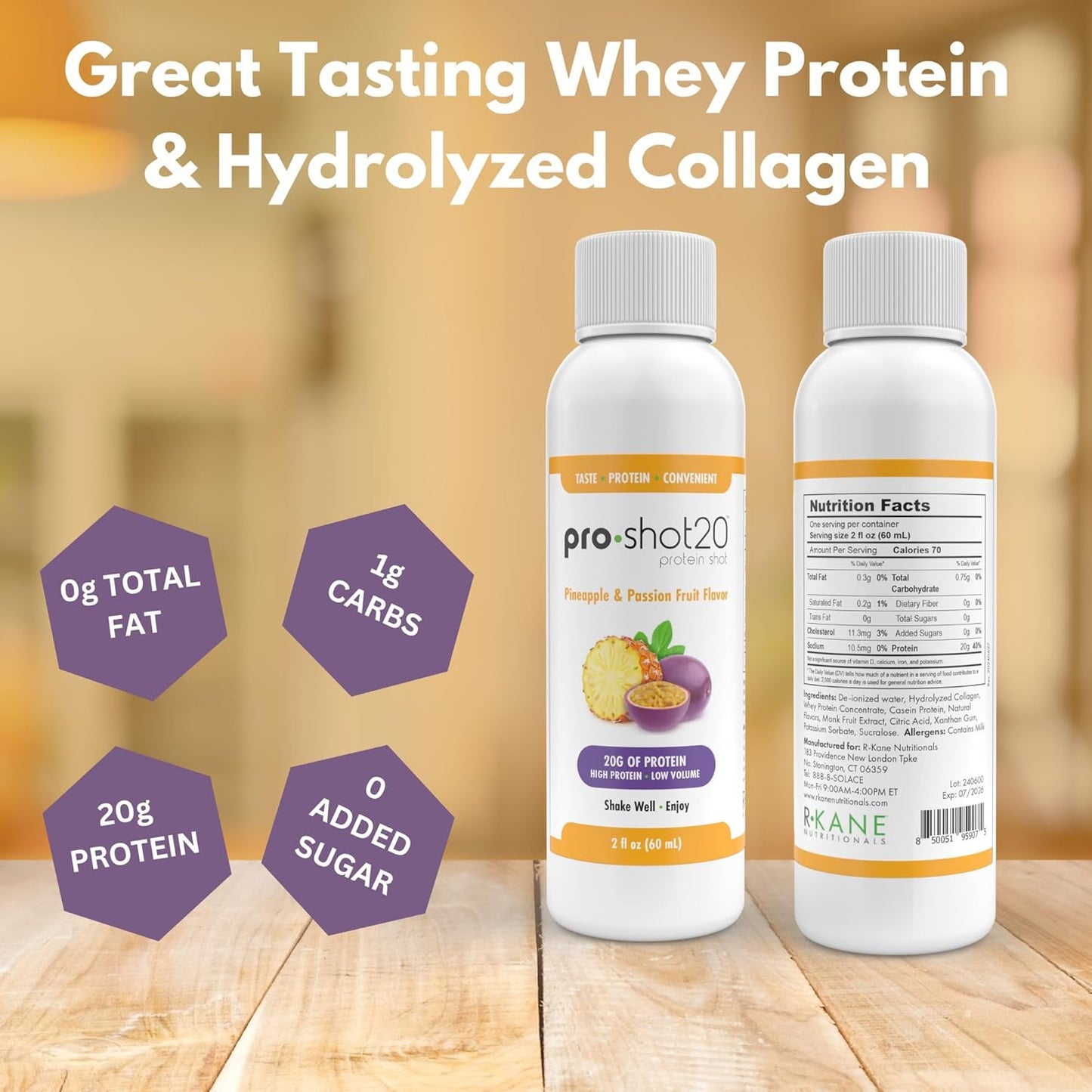 12-Pack R-Kane Nutritionals Pro-Shot20 Pineapple & Passion Fruit Protein Shots - 20g Whey Protein & Collagen Drink, Low Calorie, Low Carb, Gluten Free - Ready to Drink, No Aspartame - BoostGo Australia