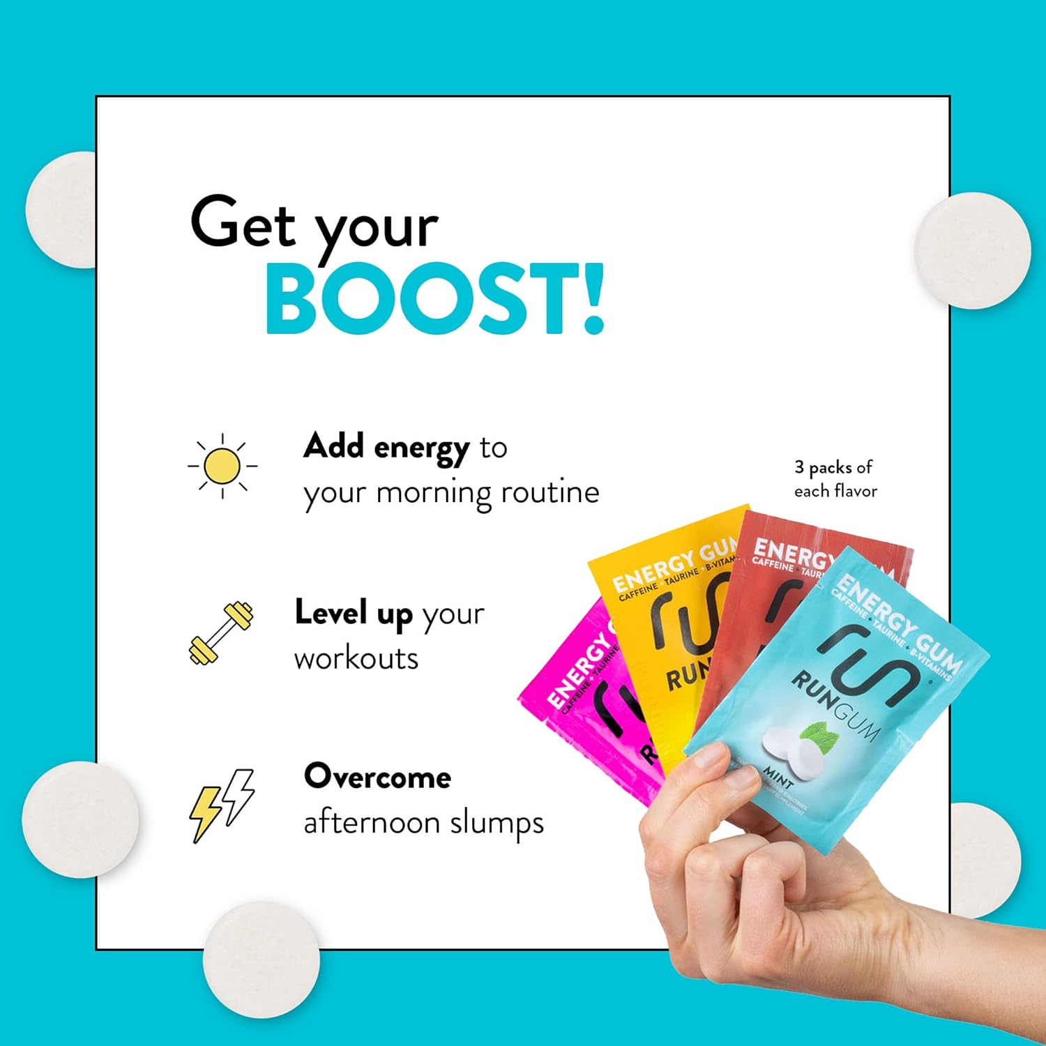 12-Pack RUN GUM Variety Pack, Energy Chewing Gum with 50mg Caffeine, Taurine, B-Vitamins, Sugar Free, Zero Calorie, Gluten Free - BoostGo Australia