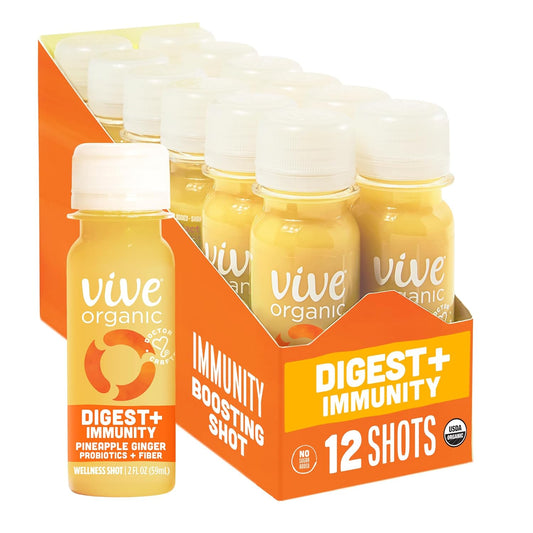 12-Pack Vive Organic Digest + Immunity Dual-Boost Shot with Aloe Vera, Apple Cider, Probiotics, Fiber - 2 Fl Oz Vegan Gluten Free
