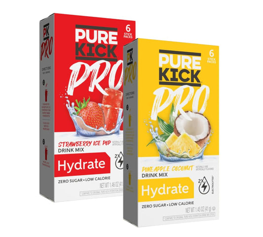 12 Packets of PURE KICK PRO Hydration Electrolyte Drink Mix in Pineapple Coconut & Strawberry Ice Pop Flavor