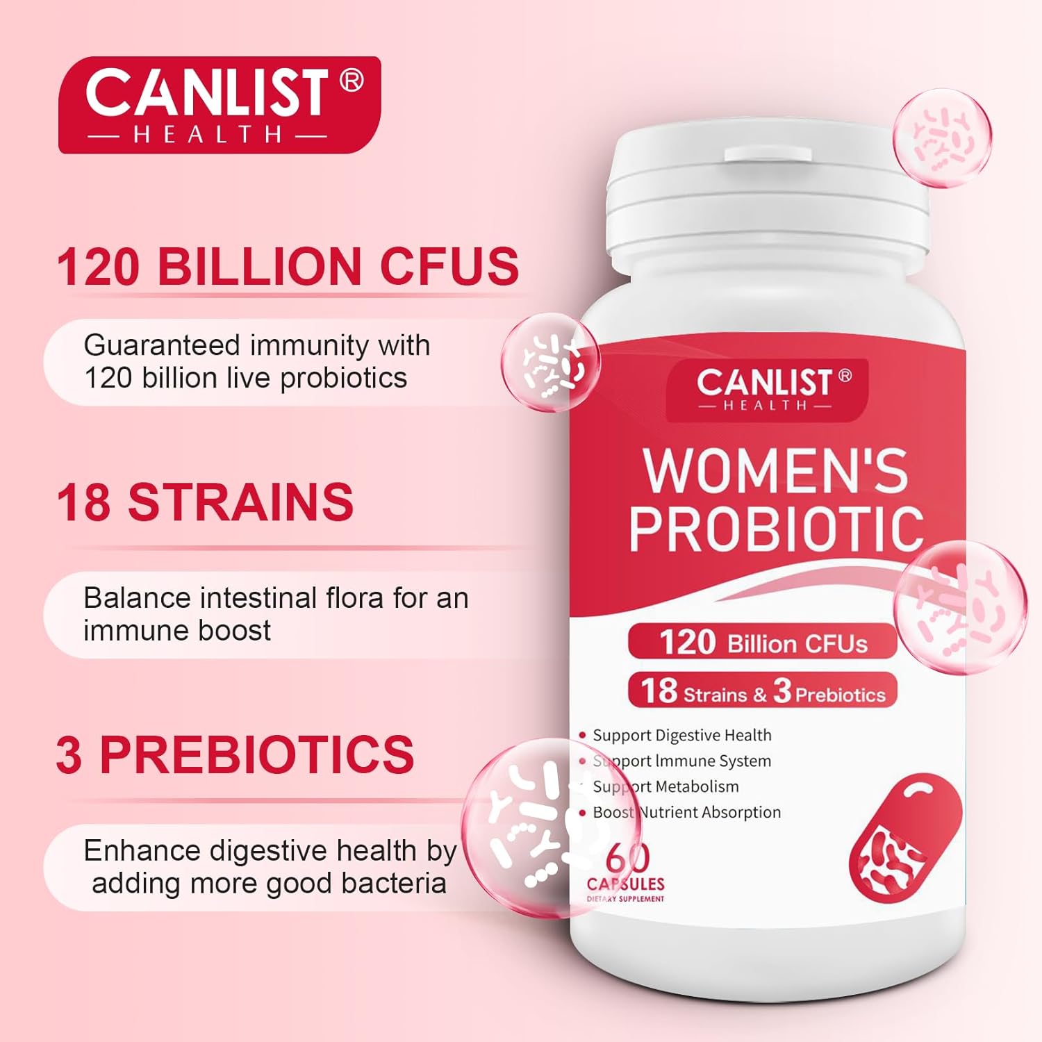 120 Billion CFU Women's Probiotic with 18 Strains, 3 Prebiotics, Digestive Enzymes, Cranberry - Organic, Non-GMO, Soy Free