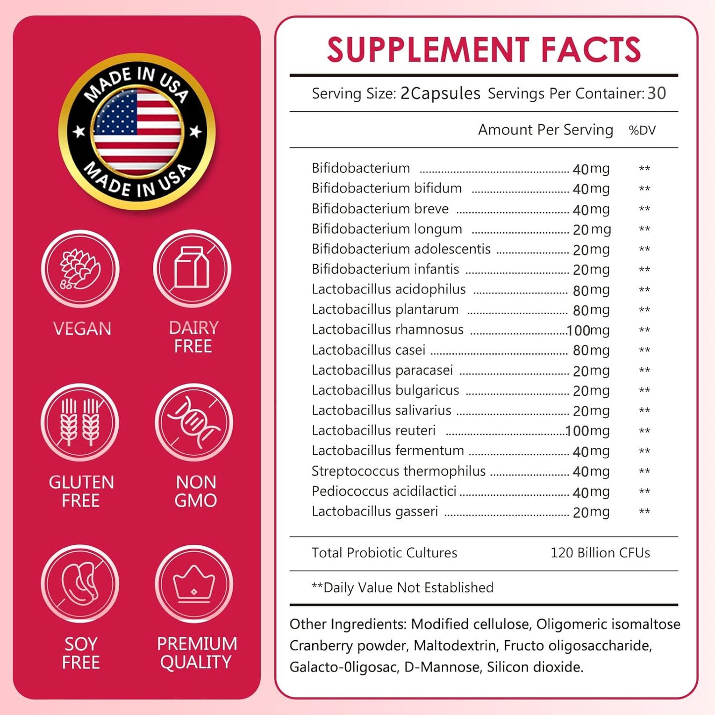 120 Billion CFU Women's Probiotic with 18 Strains, 3 Prebiotics, Digestive Enzymes, Cranberry - Organic, Non-GMO, Soy Free