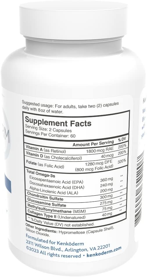 120 Capsules Kenkoderm Multivitamin for Psoriasis & Skin Care with Omega 3, Vitamin D, Collagen, Folic Acid & MSM