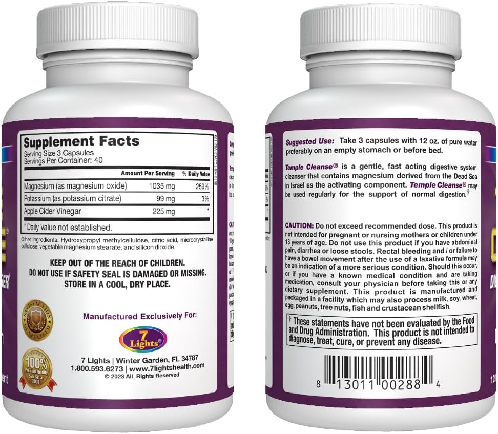 120 Capsules of 7 Lights Temple Cleanse: Magnesium & Oxygen Colon Detox, Relieves Constipation, No Gas or Bloating, Body Cleanse for Men & Women