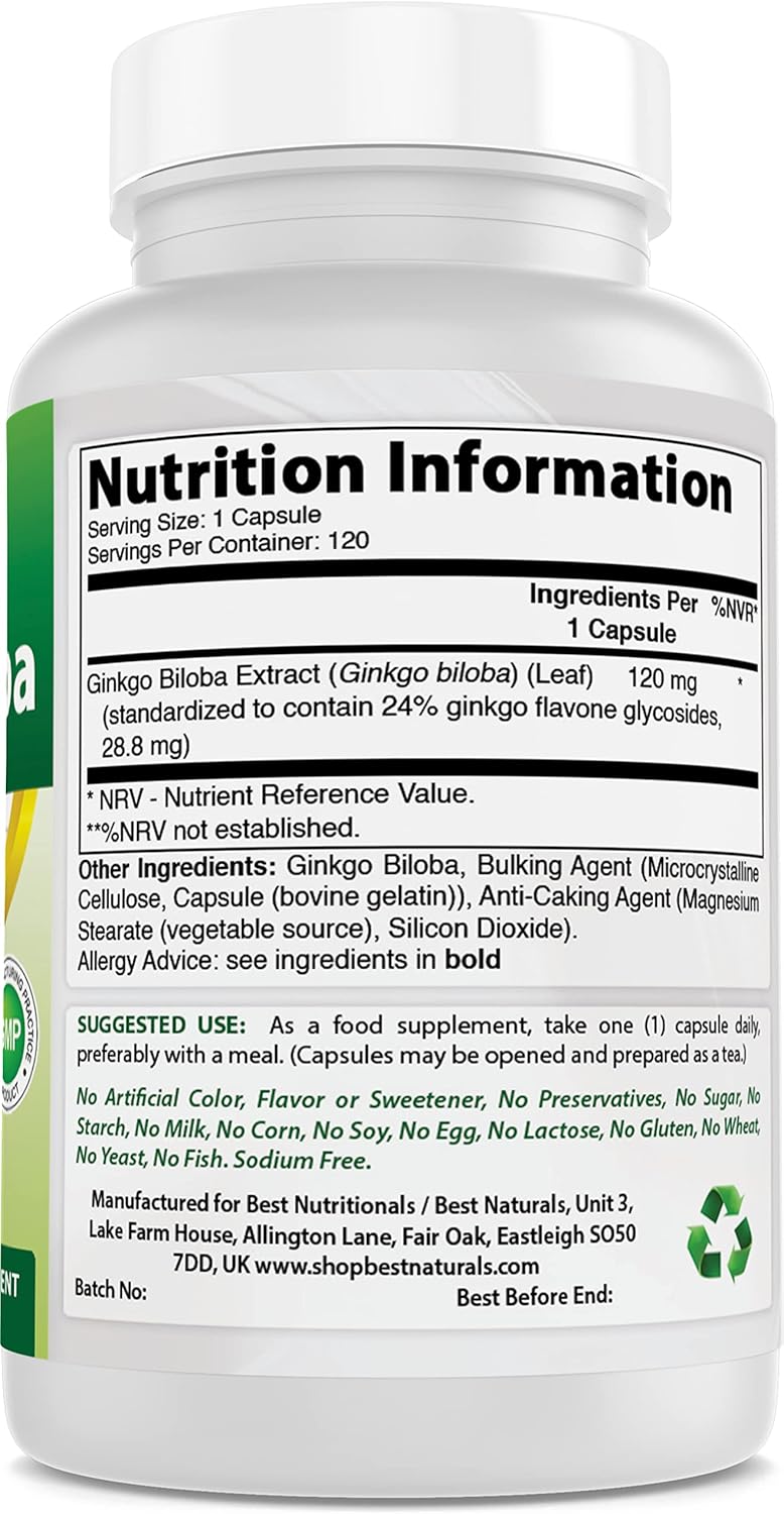 120 Capsules of Best Naturals Ginkgo Biloba Supplement - 120 mg for Cognitive Health