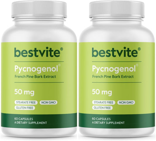 120 Capsules of BESTVITE Pycnogenol 50mg - French Maritime Pine Bark Extract - No Stearates - Gluten Free - Non GMO - 60 Servings