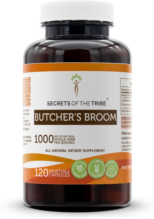120 Capsules of Butcher's Broom (Ruscus aculeatus) Dried Root Extract, 1000 mg - Secrets of the Tribe