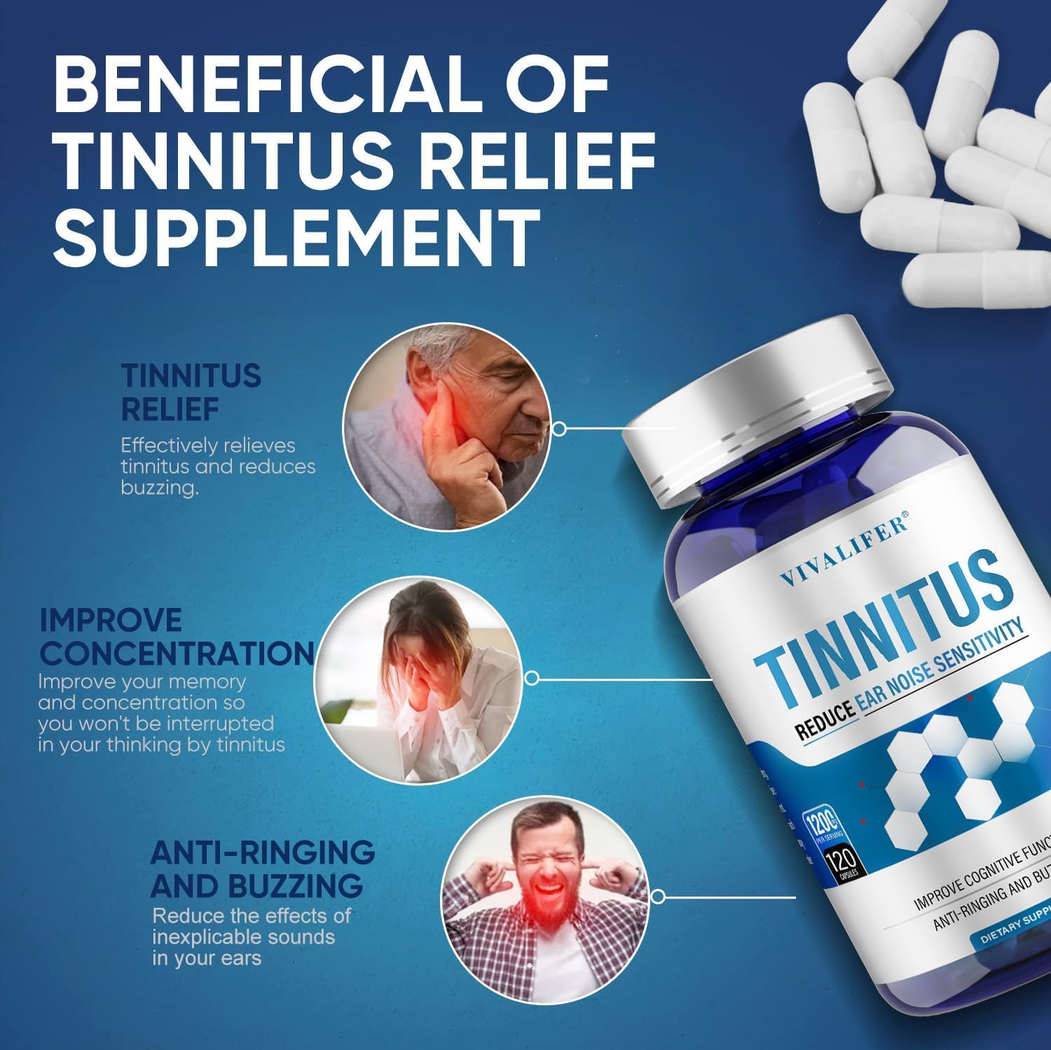 120 Capsules of DQQI Tinnitus Relief Supplement - Supports Hearing & Reduces Ringing - Ear Pain Relief for Tinnitus Symptoms - 60-Day Supply