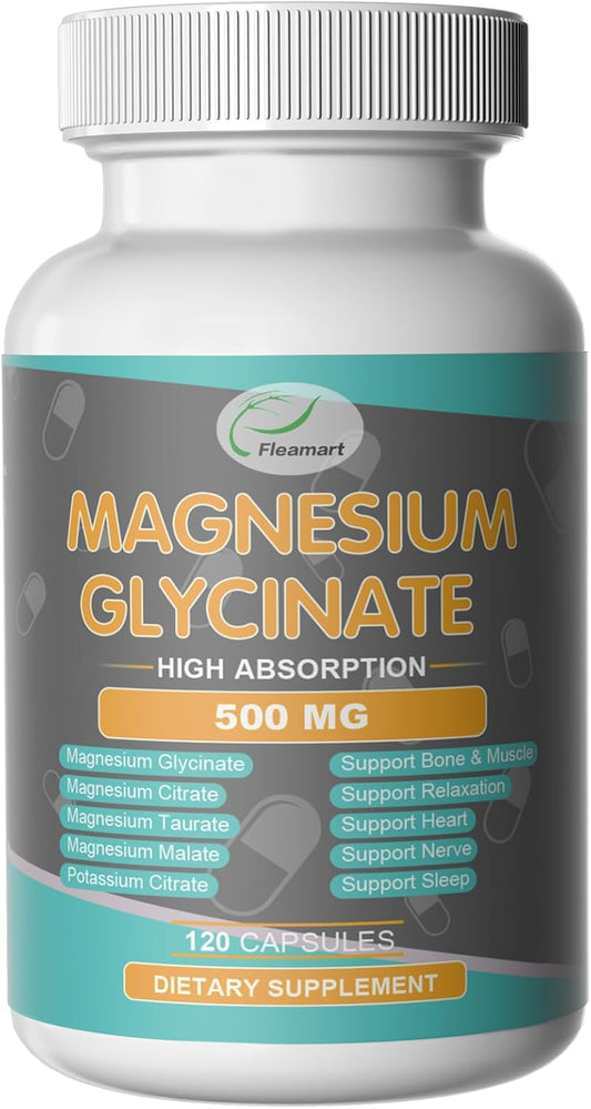120 Capsules of Fleamart Magnesium Glycinate 500mg - Sleep, Heart, Nerve, Bone, Muscle Support - Relaxation Supplement