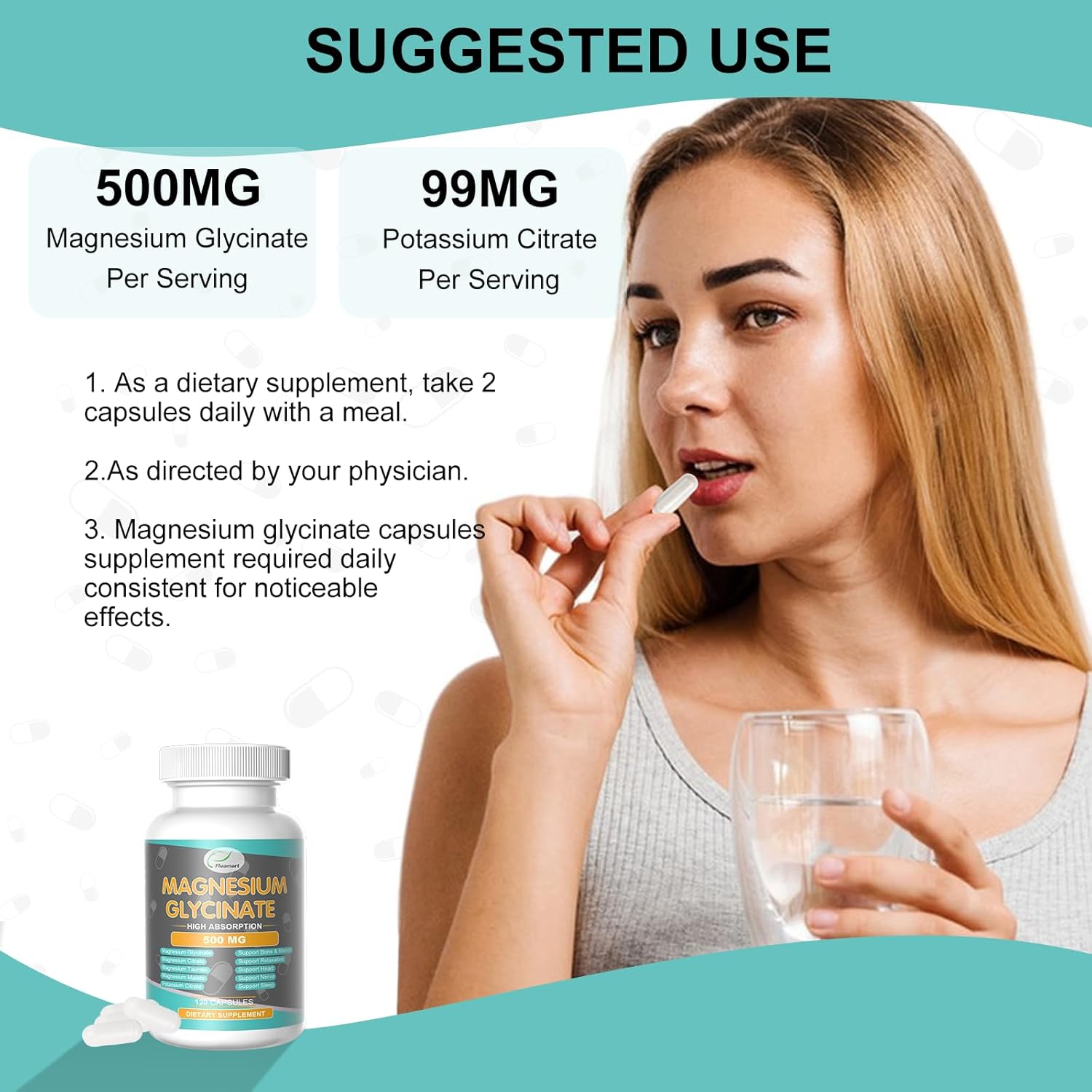 120 Capsules of Fleamart Magnesium Glycinate 500mg - Sleep, Heart, Nerve, Bone, Muscle Support - Relaxation Supplement