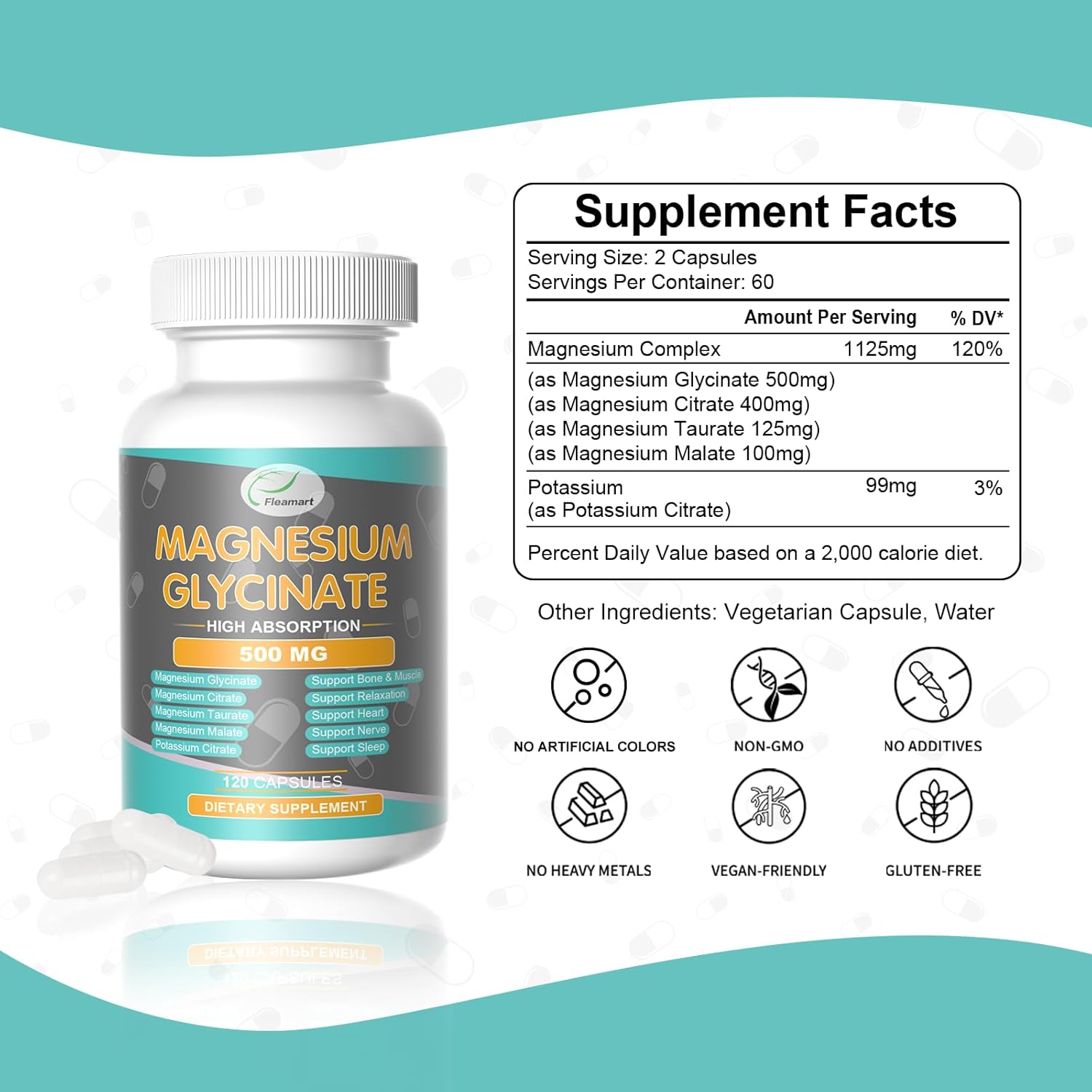 120 Capsules of Fleamart Magnesium Glycinate 500mg - Sleep, Heart, Nerve, Bone, Muscle Support - Relaxation Supplement