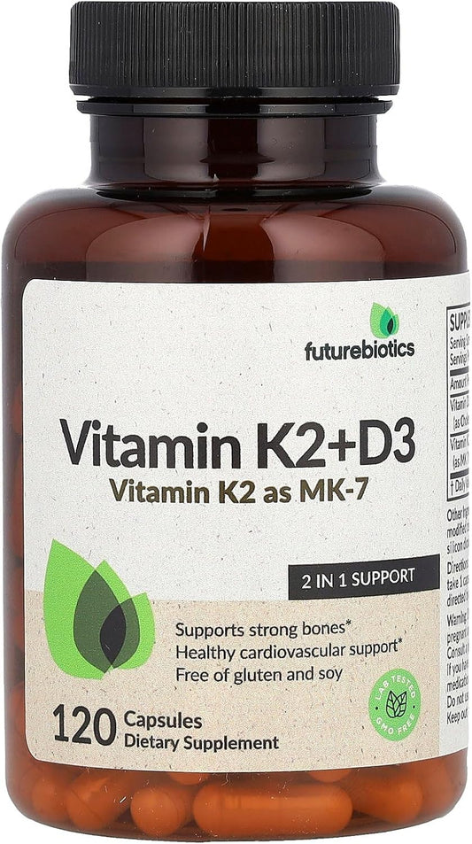 120 Capsules of Futurebiotics Vitamin K2 and D3 Supplement for Bone Health and Immune Support