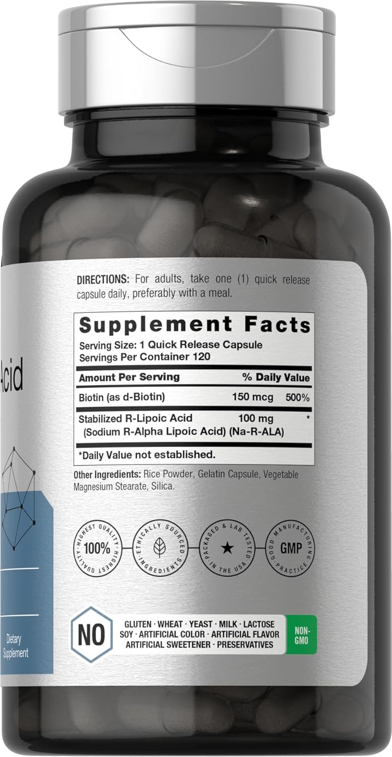 120 Capsules of Horbäach R-Lipoic Acid 100 mg with Biotin Optimizer - Non-GMO and Gluten Free Formula