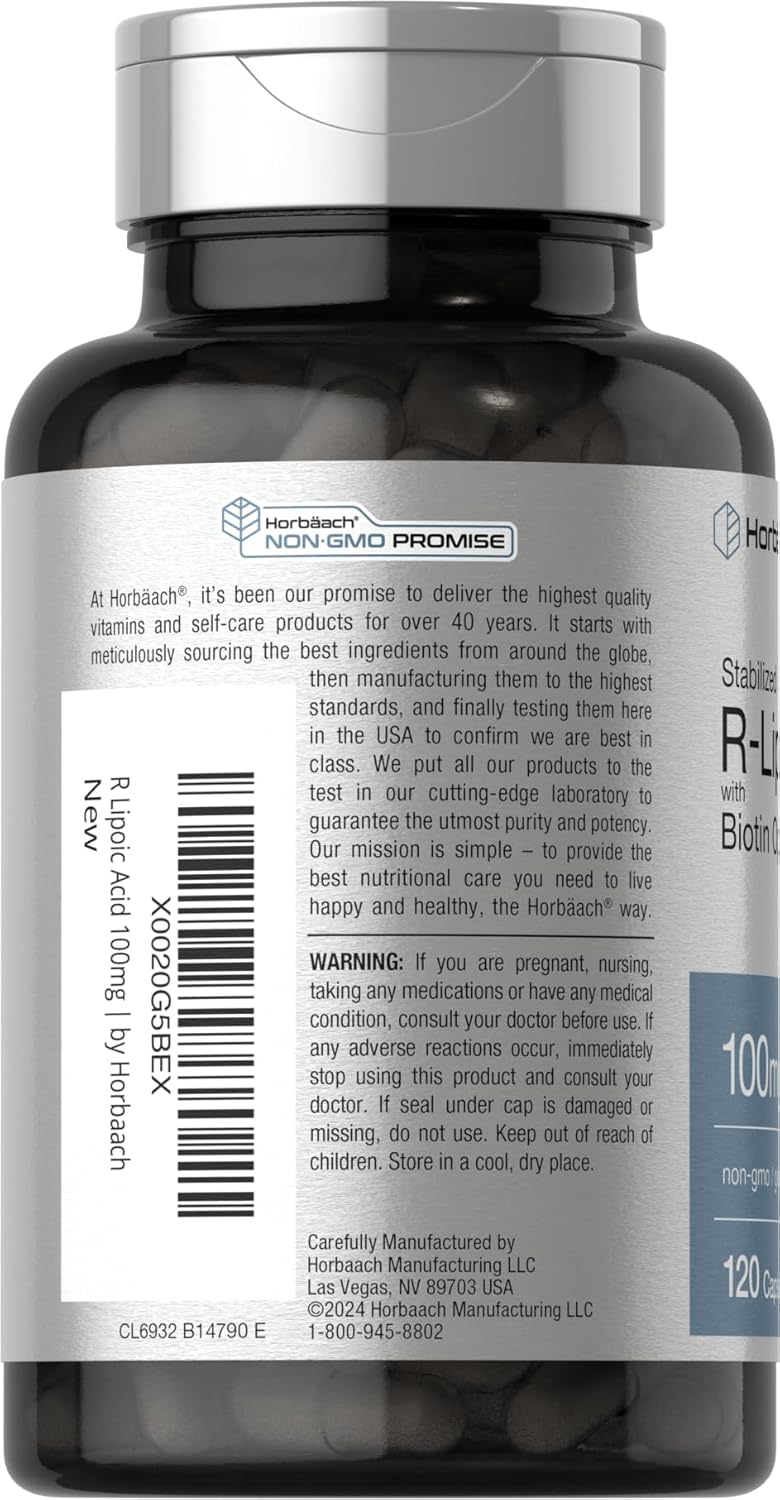 120 Capsules of Horbäach R-Lipoic Acid 100 mg with Biotin Optimizer - Non-GMO and Gluten Free Formula