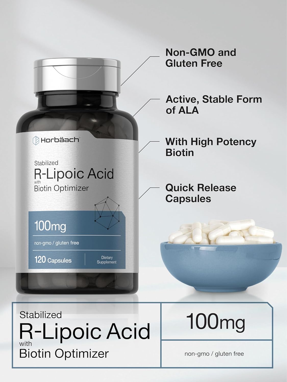 120 Capsules of Horbäach R-Lipoic Acid 100 mg with Biotin Optimizer - Non-GMO and Gluten Free Formula