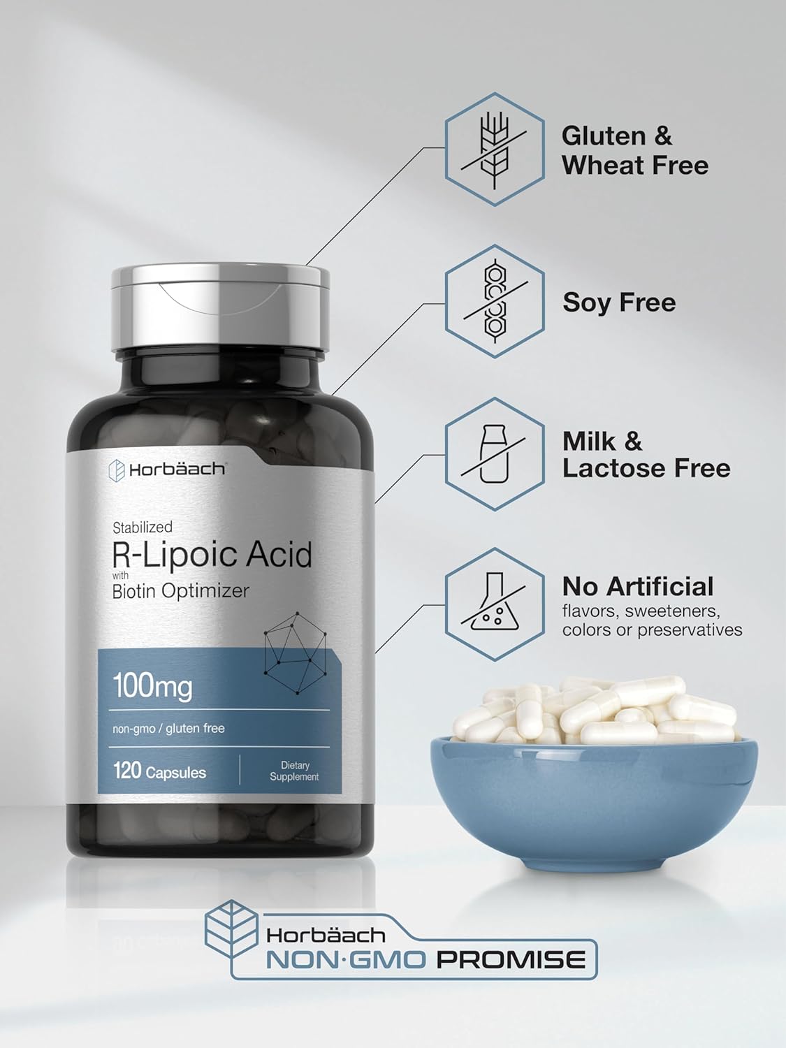 120 Capsules of Horbäach R-Lipoic Acid 100 mg with Biotin Optimizer - Non-GMO and Gluten Free Formula