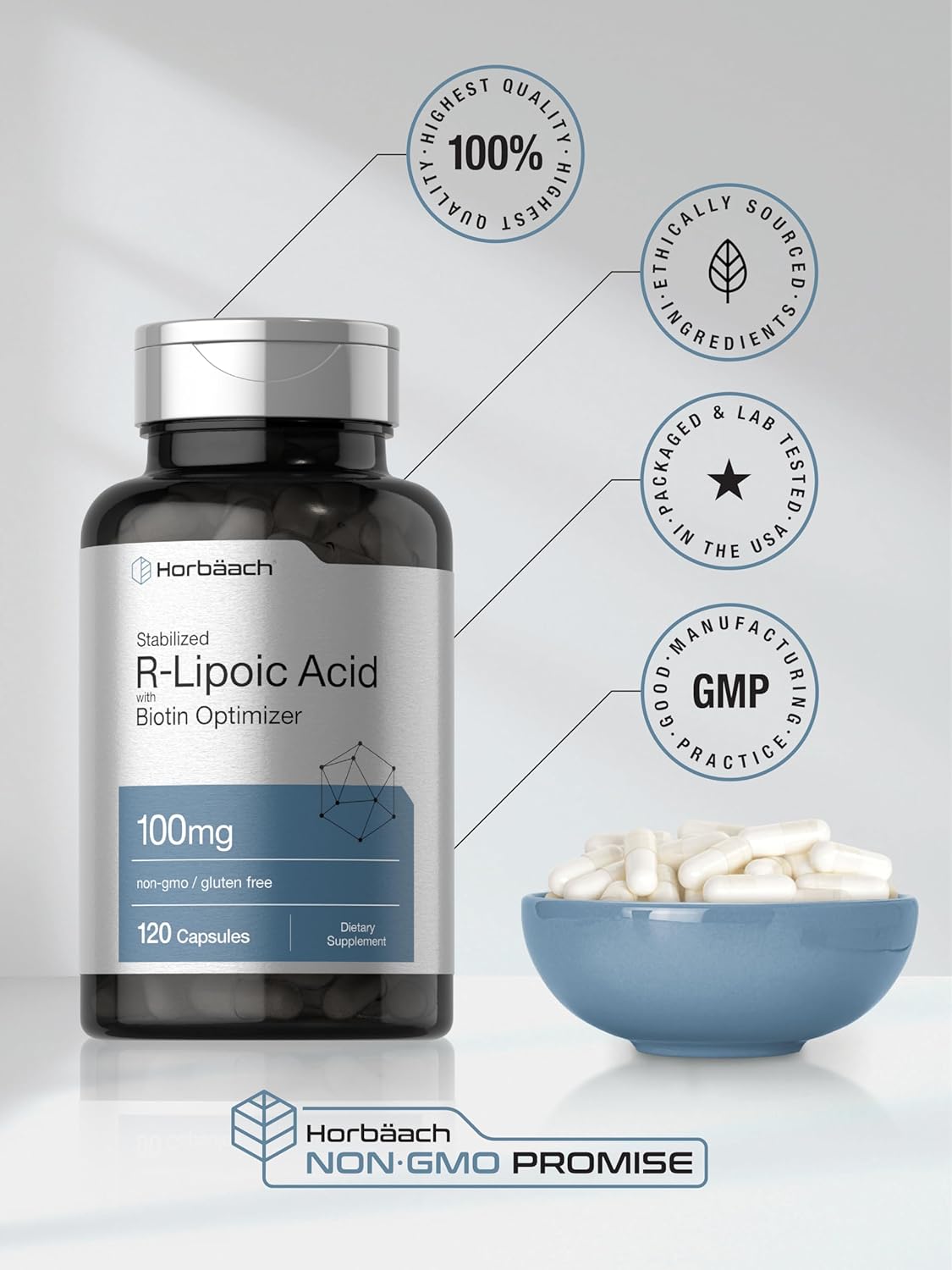 120 Capsules of Horbäach R-Lipoic Acid 100 mg with Biotin Optimizer - Non-GMO and Gluten Free Formula