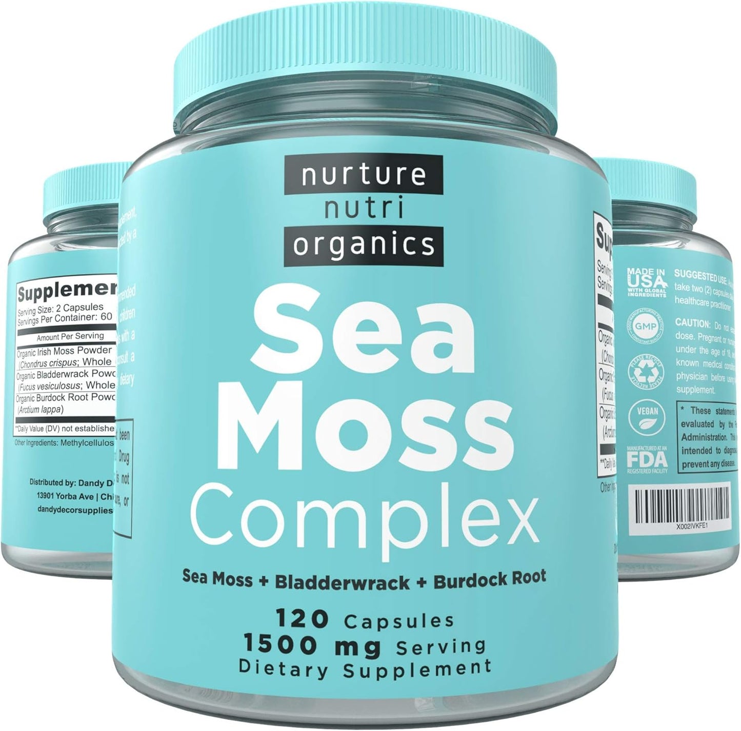 120 Capsules of Ko & Co's Dandy Decor Nurture Nutri Organic Sea Moss Complex - Irish Sea Moss and Bladderwrack Supplement