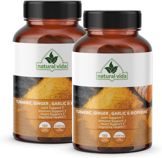 120 Capsules of Natural Vida 4-in-1 Turmeric Garlic Ginger with Bioperine - 2,400 mg - Curcumin with Black Pepper - Joint, Digestion, Immune Support