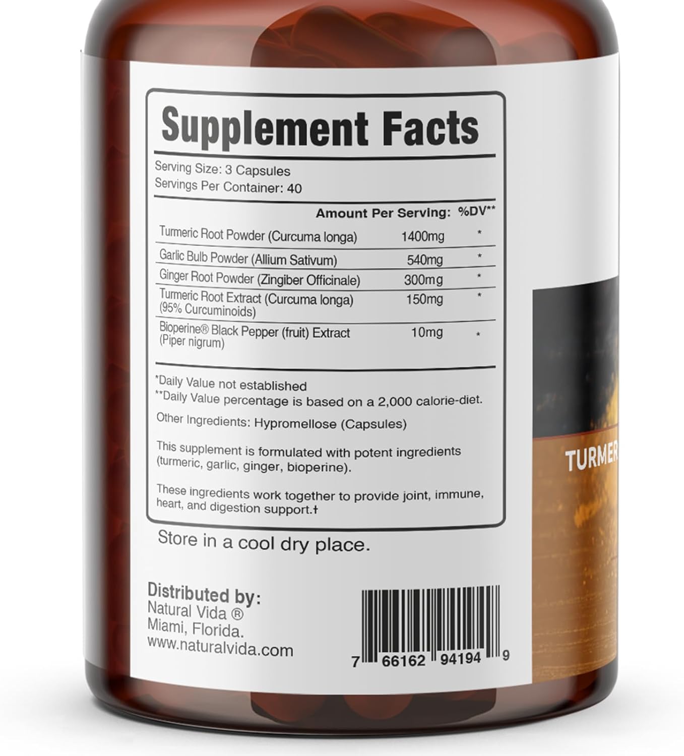 120 Capsules of Natural Vida 4-in-1 Turmeric Garlic Ginger with Bioperine - 2,400 mg - Curcumin with Black Pepper - Joint, Digestion, Immune Support