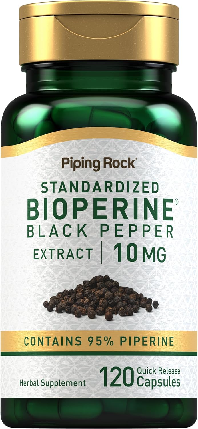 120 Capsules of Piping Rock Bioperine Supplement with 10mg of Black Pepper Extract and 95% Piperine - Gluten Free and Non-GMO