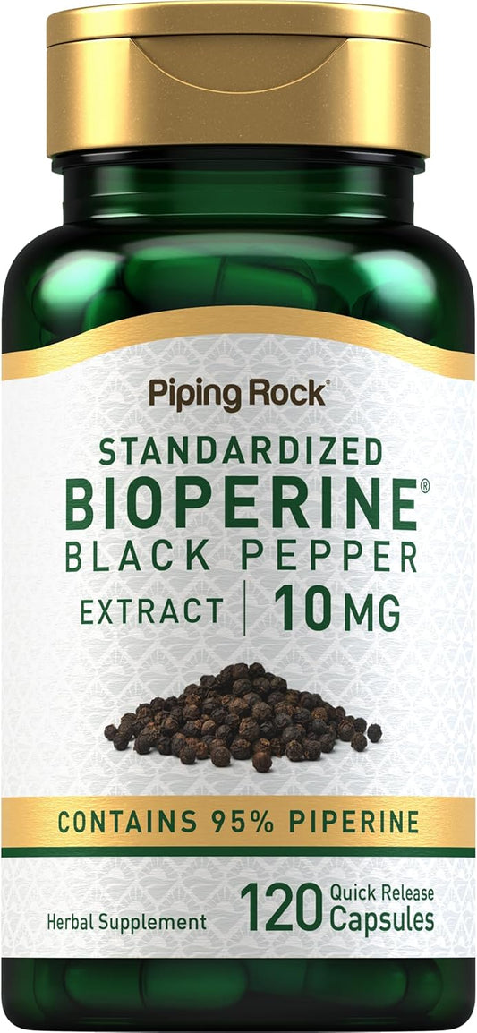 120 Capsules of Piping Rock Bioperine Supplement with 10mg of Black Pepper Extract and 95% Piperine - Gluten Free and Non-GMO