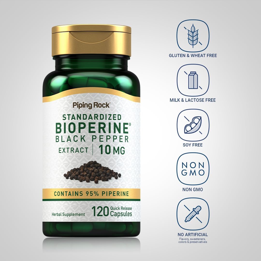 120 Capsules of Piping Rock Bioperine Supplement with 10mg of Black Pepper Extract and 95% Piperine - Gluten Free and Non-GMO