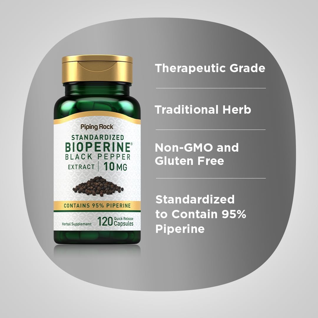 120 Capsules of Piping Rock Bioperine Supplement with 10mg of Black Pepper Extract and 95% Piperine - Gluten Free and Non-GMO