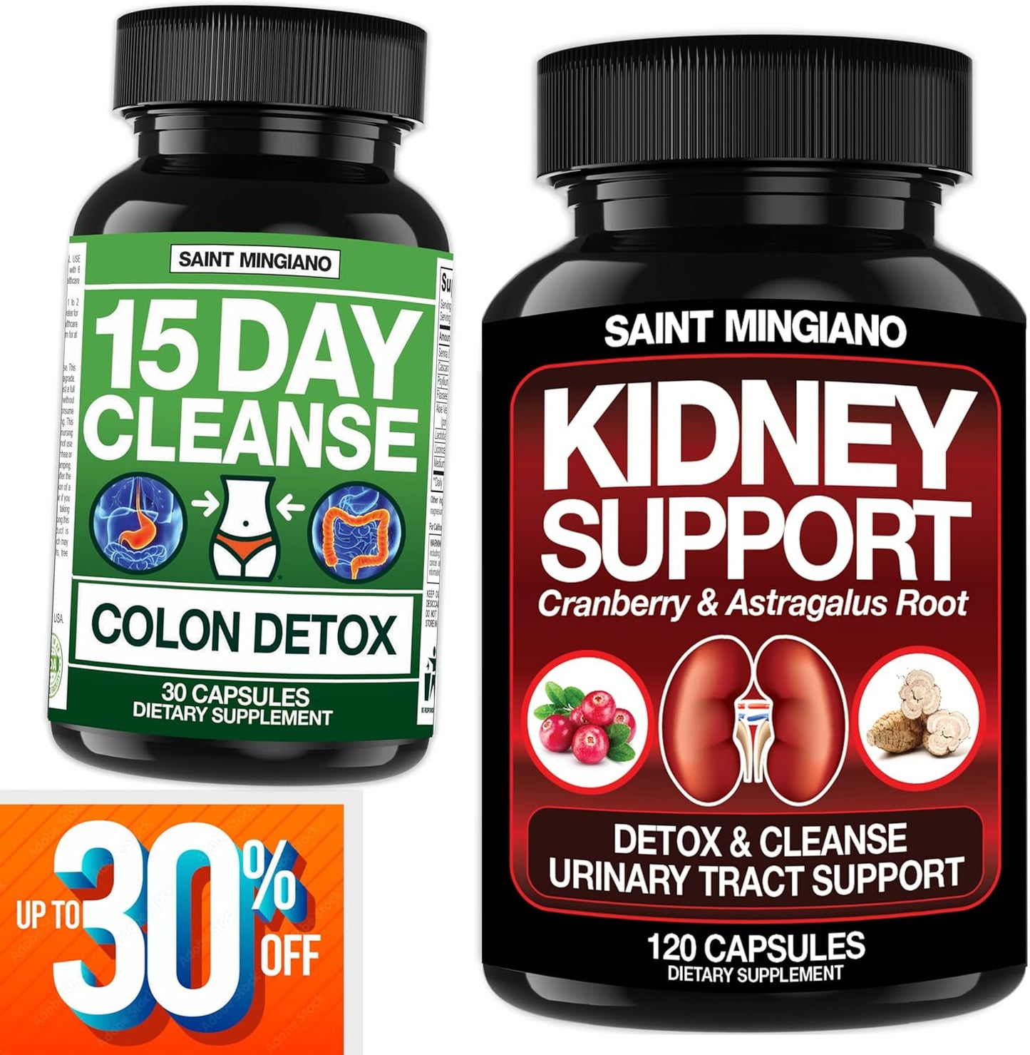 120 Capsules of Saint Mingiano Kidney Support Cleanse Detox & Repair + 15 Day Colon Detox with Natural Laxative