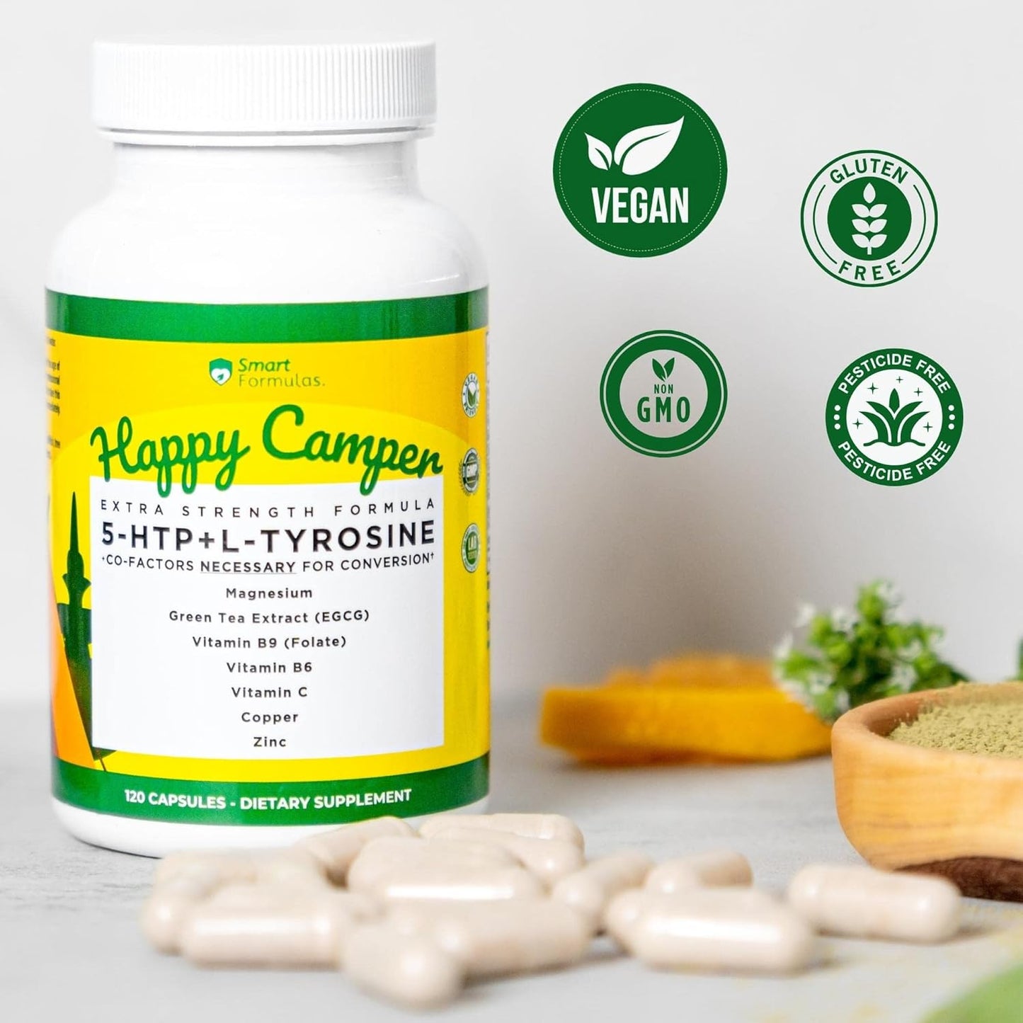 120 Capsules of Serotonin and Dopamine Boosting Smart Formulas for Happiness - Vegetarian with 5-HTP, L-Tyrosine, Magnesium, Green Tea Extract, and Essential Vitamins and Minerals