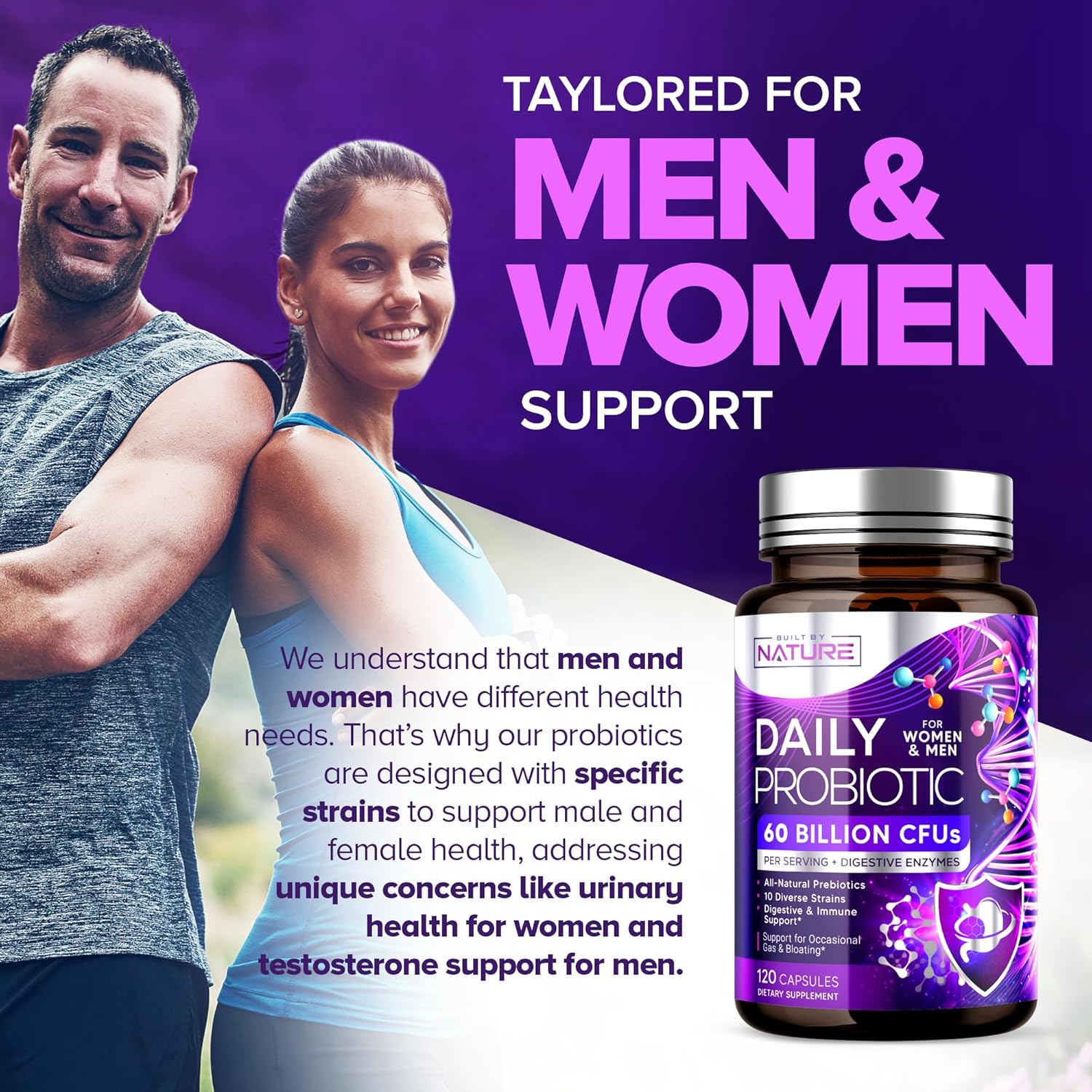120 Capsules of Shelf Stable Probiotic with 60 Billion CFU, 10 Strains, Prebiotics, Digestive Enzymes for Men & Women - Supports Digestive & Immune Health, Reduces Gas & Bloating - Non-GMO