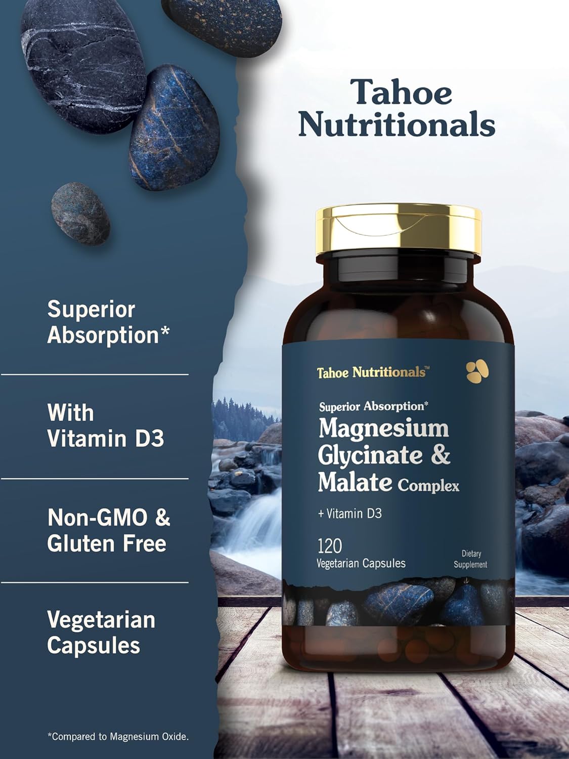 120 Capsules of Tahoe Nutritionals Magnesium Glycinate and Malate Complex with Vitamin D3 for Enhanced Absorption - Non-GMO & Gluten Free