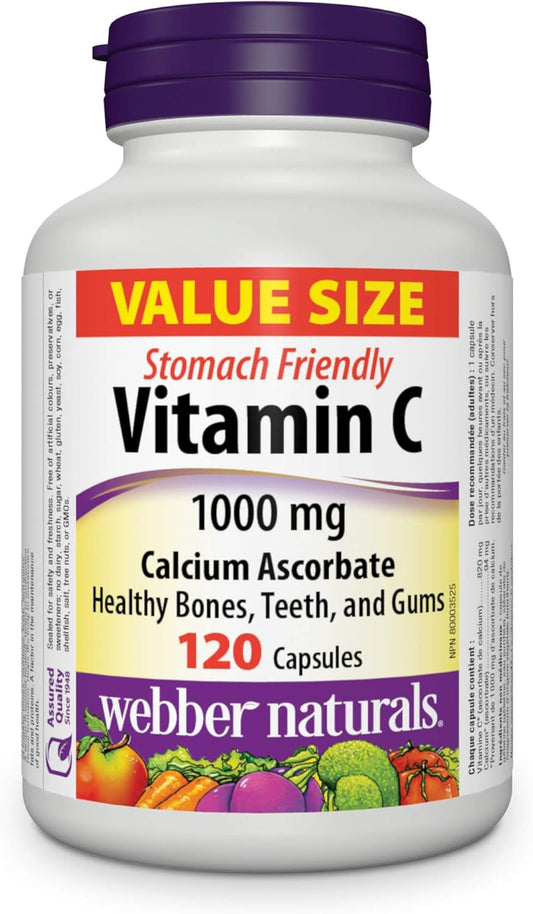 120 Capsules of Webber Naturals Vitamin C Calcium Ascorbate 1000 mg - Gentle on the Stomach